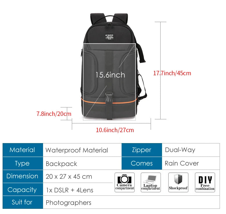 JINNUOLANG Professional Digital SLR Camera Backpack Large Photography Bag Tripod Holder Waterproof Rain Cover Outdoor Hiking